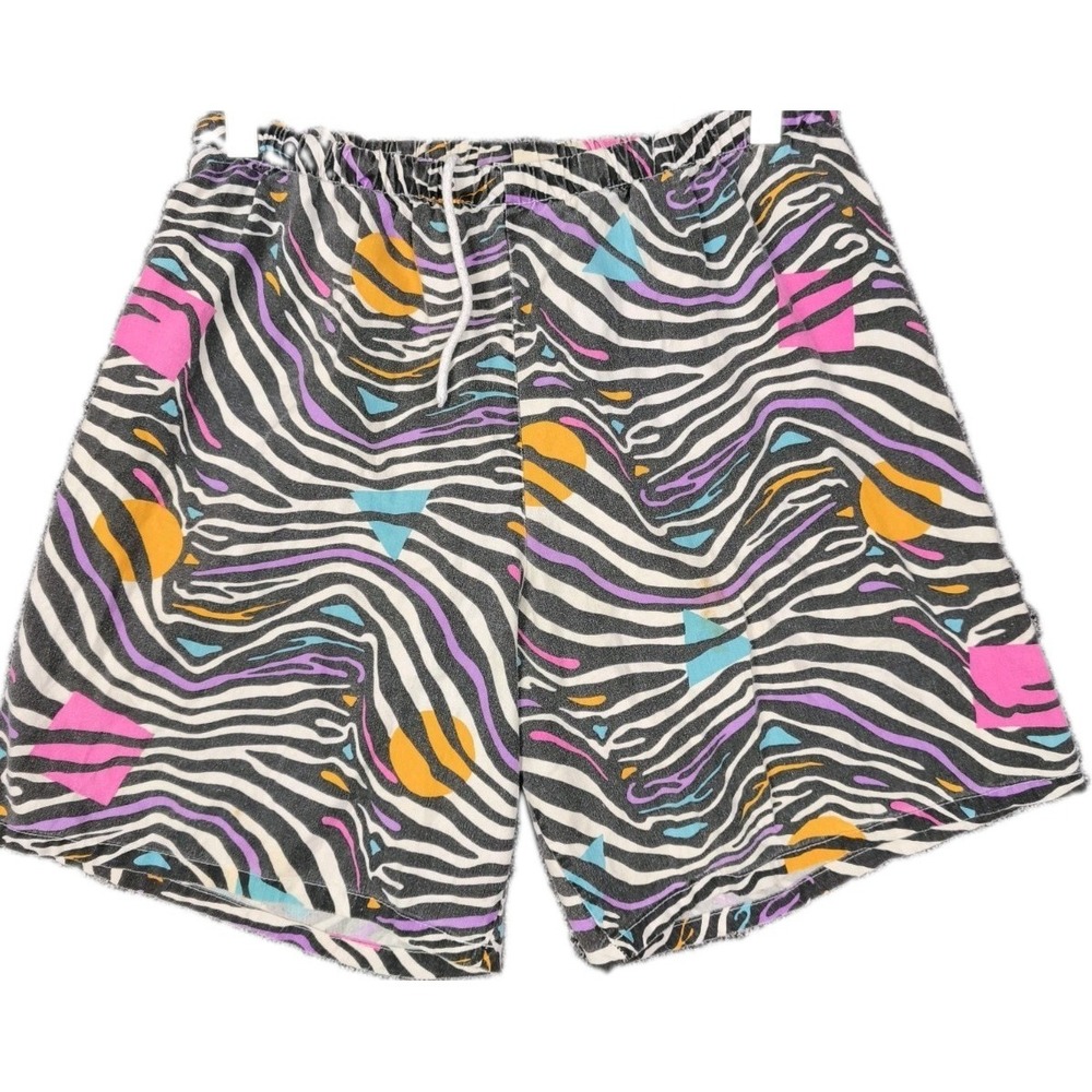Vintage 90s Made USA Zebra Print Cotton Shorts Men's M Neon Surf Festival Retro